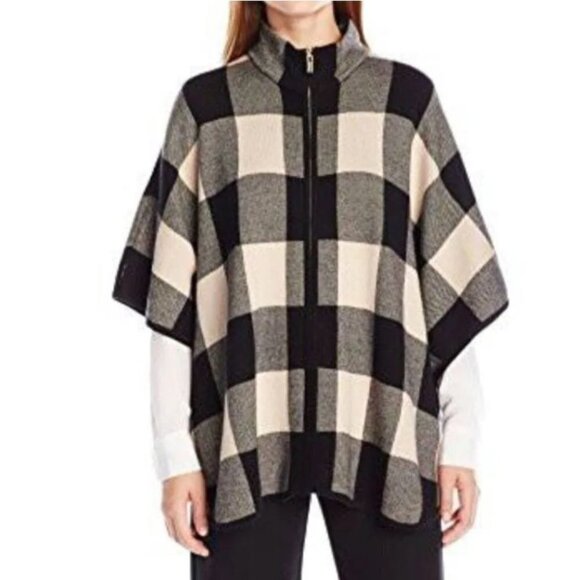 Jones New York Black Cream Plaid Full Zip Poncho Size S/M - Picture 1 of 6